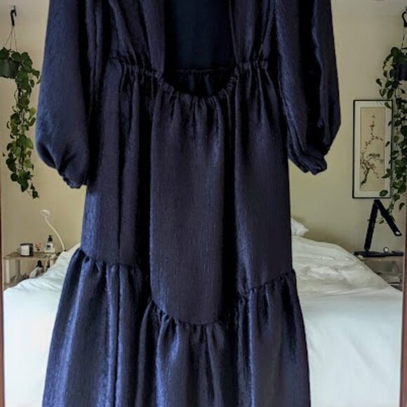 Topshop Premium Textured Jacquard Midi Dress Navy Blue Tiered Size 4 - Picture 4 of 11